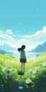 Anime-inspired Art: Stunning Girl Amidst Flower Field By The Lake