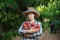 Girl horticulturist holding stack of tasty peaches in garden