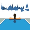 Girl in the hotel pool. Vector travel illustration