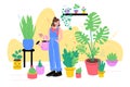 Girl With Houseplants At Home. Young Happy Woman In Room Caring Potted Plants, Home Gardening, Interior Jungle, Cozy