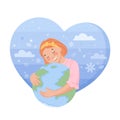 Girl hug planet. Kid hugs earth, environment care eco protection save world, child friendly embrace globe, clean ecology Royalty Free Stock Photo