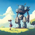 Girl and huge robot.Robot protects children