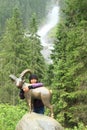 Girl hugging a chamois in front of waterfall Royalty Free Stock Photo