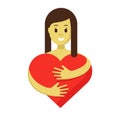 Cute girl hugging red heart, flat vector illustration