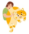 Girl hugs big toy cat. Soft plush anti-stress huggable toy. Person with comfortable cute soft animal to sleep and play Royalty Free Stock Photo