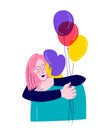 Girl hugs boyfriend, holds balloons. Vector illustration flat print illustration