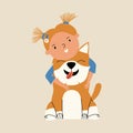 The girl hugs a corgi, her pet. The concept of emotional support for animals. Vector illustration in hand drawn style