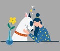 Girl hugs a dog. Woman and a bull terrier. Hugging domestic animal friends, pet owner characters loving and holding. Love and