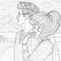 Girl hugs a guy in the mountains. Couple in love. Coloring book anti stress for children and adults.