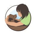 The girl hugs her beloved dog and admires her. Logo design. Stock Vector Illustration