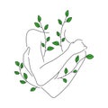 Girl hugs herself, covering her chest, all in branches with green petals. Minimalism style. Design suitable for decoration