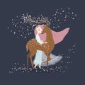 Girl hugs a magic deer with blooming horns. Beautiful little character with long pink hair. Spring Fairy Tale. Cute