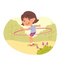 Girl with hula hoop in physical education class outdoor. Child doing active exercise in PE lesson vector illustration