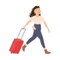 Girl Hurrying to Flight at Airport, Young Woman Carrying Luggage, Female Tourist Going on Summer Vacation Cartoon Vector