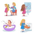 Girl daily hygiene activities cartoon scenes set