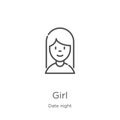 girl icon vector from date night collection. Thin line girl outline icon vector illustration. Outline, thin line girl icon for Royalty Free Stock Photo