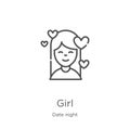 girl icon vector from date night collection. Thin line girl outline icon vector illustration. Outline, thin line girl icon for Royalty Free Stock Photo