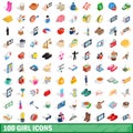 100 girl icons set, isometric 3d style