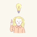 Girl idea lightbulb child kid lamp hand drawn style vector doodle design illustrations Royalty Free Stock Photo