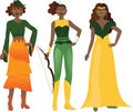 Illustration of girl in fairy outfits worker, archer and princess