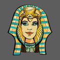 The girl in the image of Cleopatra. In the Egyptian style, vector fashion illustration . In gold, pink and turquoise colored