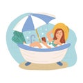 Girl imitating oversea vacation on beach in bathtub in bathroom at home during quarantine. Woman in swimsuit and hat. Coronavirus