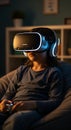 Young Girl Immersed in Virtual Reality Gaming at Home Royalty Free Stock Photo
