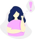 Girl with index finger at the head remembering something, vector flat illustration