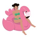 Girl on an inflatable flamingo. Summer illustration. Vector image isolated on white background Royalty Free Stock Photo