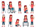 Girl with injury. Child with bruised hand, nose blood and broken leg or hand in plaster. Children in wheelchair vector