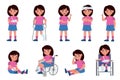 Girl with injury. Child character with wounds, traumatized kid, scratching fractures and wheelchair, physical damage