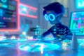 Girl interactive holograms and advanced learning tools. Futuristic creativity modern digital education and technology