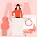 Girl ironing clothes on the ironing board, washing mashine and laundry on the pink background, daily routine of mother