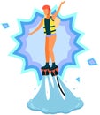 Girl in jet boots flies over water. Seaside leisure, beach and recreation, flyboarding concept