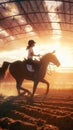 Girl jockey rides majestic horse, sunset silhouette, farm backdrop Royalty Free Stock Photo