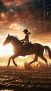 Girl jockey rides majestic horse, sunset silhouette, farm backdrop Royalty Free Stock Photo