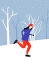 Girl Jogging Outside At Snow Weather. Winter Running Flat Illustration.