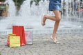 Girl joyful jumps on one leg Royalty Free Stock Photo