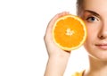 Girl with juicy orange Royalty Free Stock Photo