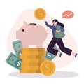 Girl jump and throws coins into piggy bank. Businesswoman invest money. Woman savings or hoard money. Employee invest or