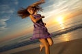 Girl jumping and dancing on beautiful beach. Royalty Free Stock Photo
