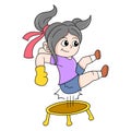 Girl jumping jumping exercising trampoline, doodle icon image kawaii
