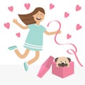 Girl jumping. Gift box with puppy pug dog mops. Happy child jump. Cute cartoon laughing character in blue dress holding ribbon. O