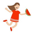 Girl jumping isolated. Happy child jump. Cute cartoon laughing character in red dress holding watermelon slice. Smiling woman. Royalty Free Stock Photo