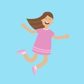 Girl jumping isolated. Happy child jump. Cute cartoon laughing character in violet dress. Smiling woman. Blue background. Flat des Royalty Free Stock Photo