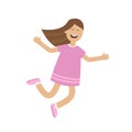 Girl jumping isolated. Happy child jump. Cute cartoon laughing character in violet dress. Smiling woman. White background. Flat de