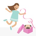 Girl jumping for joy. Gift box with puppy pug dog mops. Happy child jump. Cute cartoon laughing character in blue dress holding ri