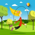 Girl with Jumping Rope on Meadow on Sunny Day