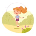 Girl jumping with rope in physical education class outdoor. Child doing active exercise in PE lesson vector illustration