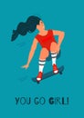 Girl jumping skateboard card template. Poster with long hair young woman in male clothes riding on skate and text you go Royalty Free Stock Photo